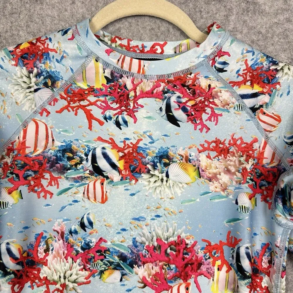 Molo Neptune LS Rash Guard Swim Shirt Youth 146 152 Blue Coral Fish UPF 40+